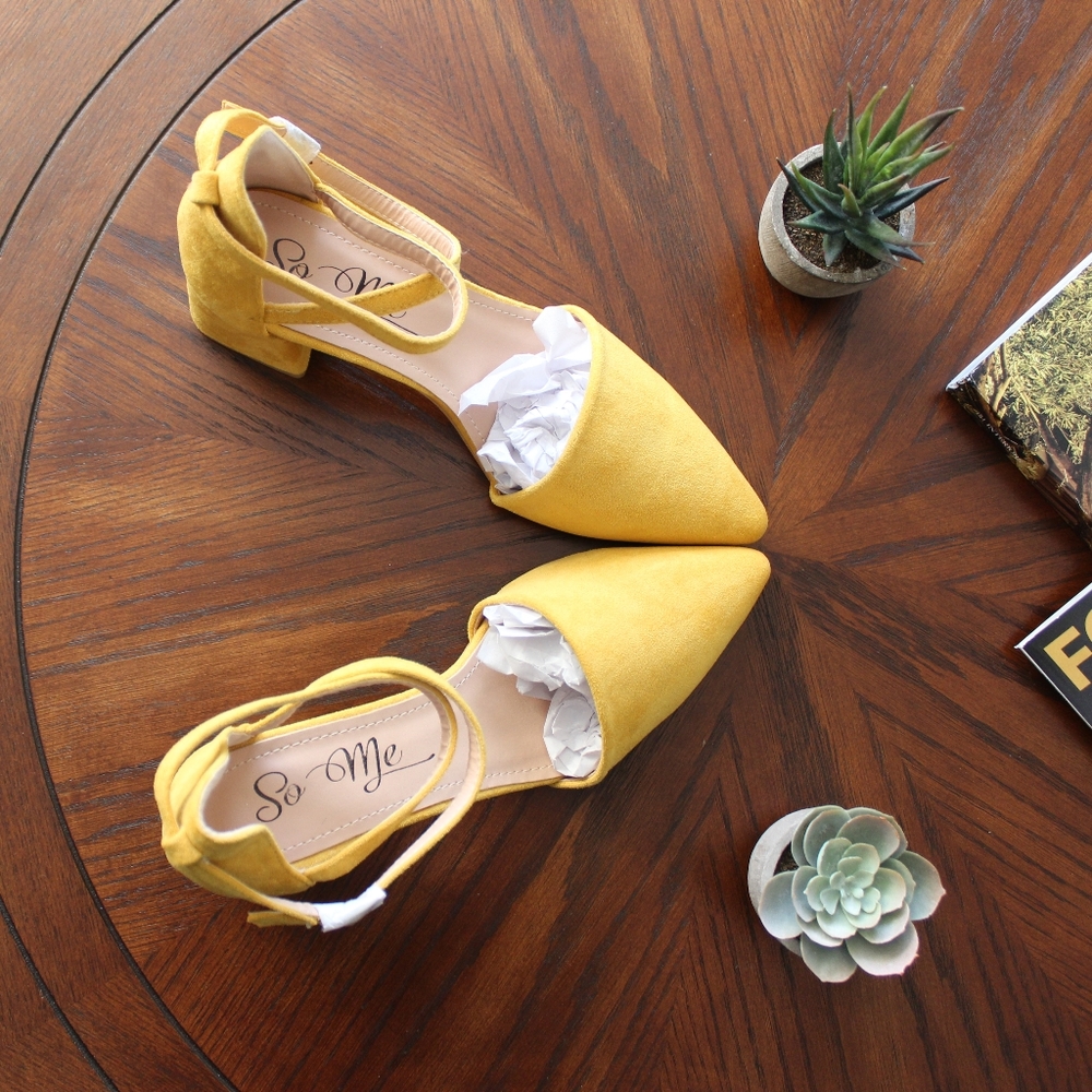 Mustard Yellow Faux Suede Ankle Strap Heel - Picture 2 of 5